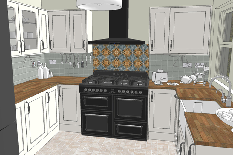 White shaker kitchen with wood worktop - sketch